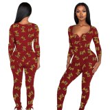 Women's Long Sleeve One Piece Outfit Skinny Sexy Print Pajamas WY673546