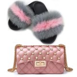 Women Fox Leather Slippers High-End Fluffy Slides Fashion Lady Rhinestone Bags