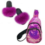 Women Fox Fur Slippers Slides Sequined Chest Bags PS-98899