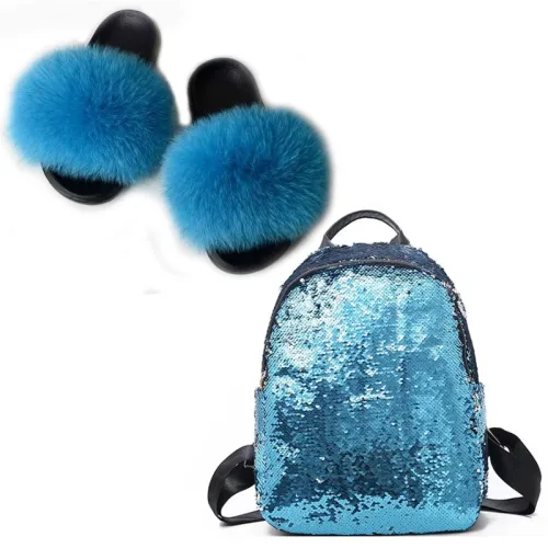 Women Fox Fur Slippers Slides New Sequined Shoulder Bags ts-68495