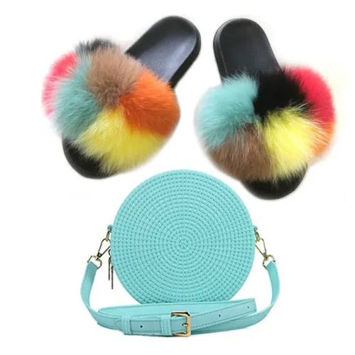 Women Fur Slides Fox Fur Slippers Jelly Woven Round Bags JBA01021