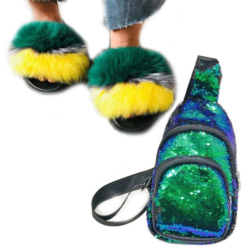 Women Fox Fur Slippers Slides Sequined Chest Bags PS-98899