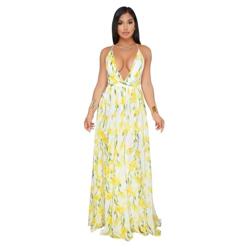 Summer Women Long V-Neck Print Night Club Party Beach Dresses 821223