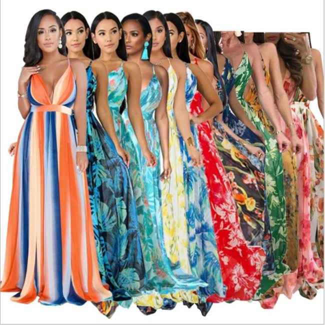 Summer Women Long V-Neck Print Night Club Party Beach Dresses 821223