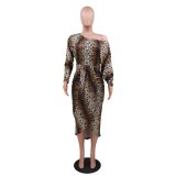 Leopard Print Women Party Off Shoulder Dress Dresses No Belt 8894105