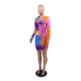 Colorful Print  Zip Mini Dress Long Sleeve Dresses 886677