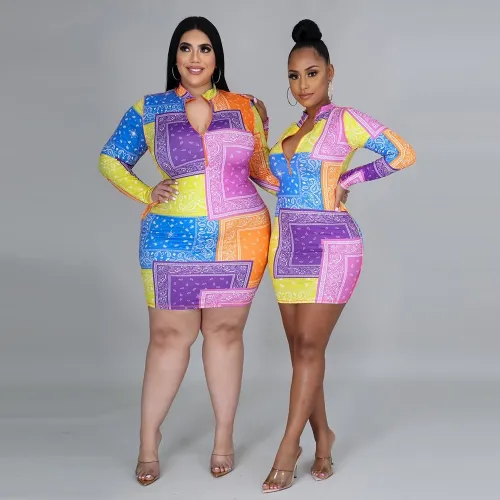 Colorful Print  Zip Mini Dress Long Sleeve Dresses 886677