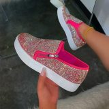 Women Bling Flats Sequins Crystal Thick Bottom Round Toe Rhinestone Shoes