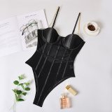 Women Black Mesh Transparent Bodysuit Metal Chain Straps Backless Bodysuits BK112334H