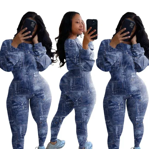 Blue Denim Pattern Patchwork Bodysuits Bodysuit Outfit Outfits H361425