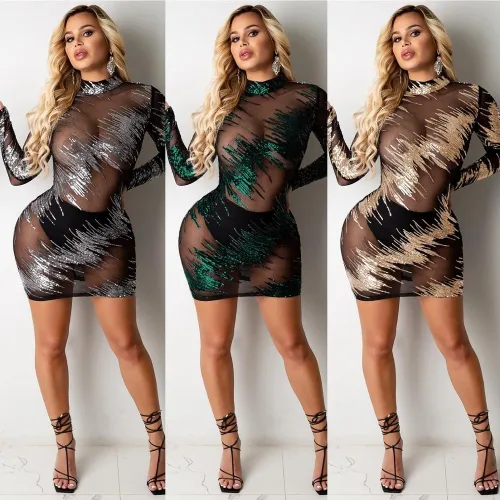 Famous Solid Transparent O-neck Long Sleeve Sexy Mini Dress Dresses X380314