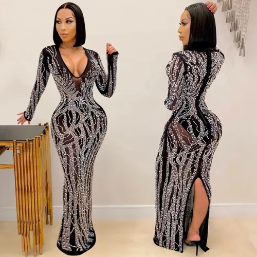 Women Long Sleeve Dress Sexy Deep V Neck Hot Rhinestone Dresses X500213