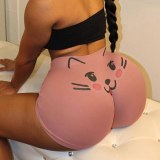 Women Cute Cotton Stretch High Waist Cat Print Brief Shorts 222233