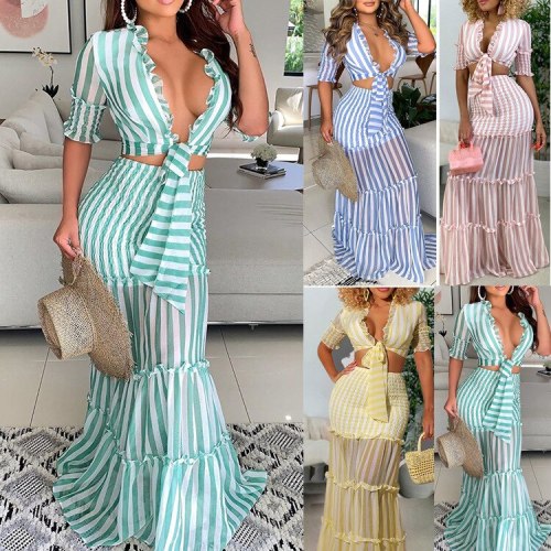 Women Stripes Two Piece Short Sleeve Tie Front Top and Long  Dress Dresses 72031