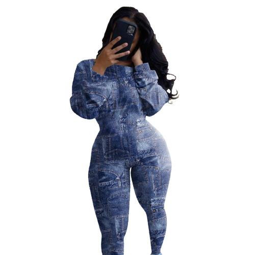 Blue Denim Pattern Patchwork Bodysuits Bodysuit Outfit Outfits H361425