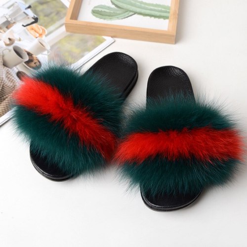 Fox Fur Slides Women Furry Slippers