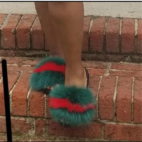 Women Furry Fox Fur Slippers Slides