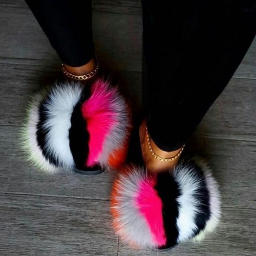 Furry Slides New Arrival Girl Luxury Fluffy Fur Slippers
