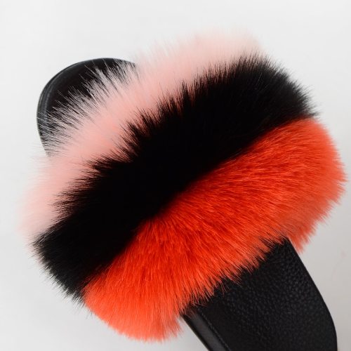 Women Faux Fox Fur Slippers Furry Slides