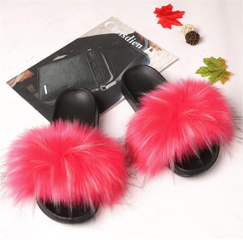 New Women Fur Slippers Faux Fox Fur Slides