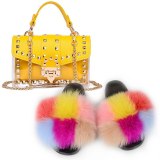 Women Fox Fur Slippers Chain Bags Fluffy Fur Slides Ladies Party Bags