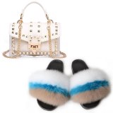 Women Fox Fur Slippers Chain Bags Fluffy Fur Slides Ladies Party Bags