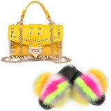 Women Fox Fur Slippers Chain Bags Fluffy Fur Slides Ladies Party Bags