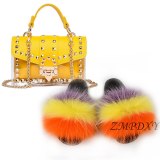 Women Fox Fur Slippers Chain Bags Fluffy Fur Slides Ladies Party Bags