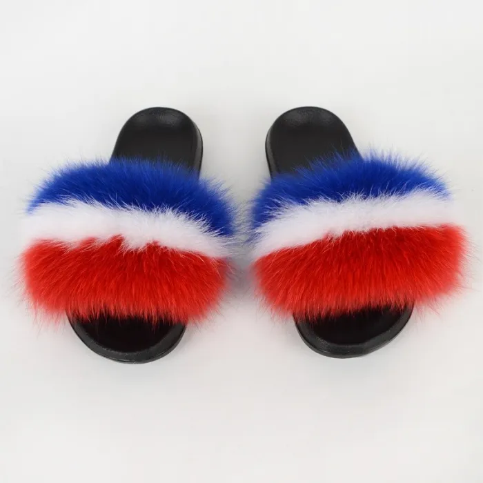 Fox Fur Slippers Women Fluffy Slides