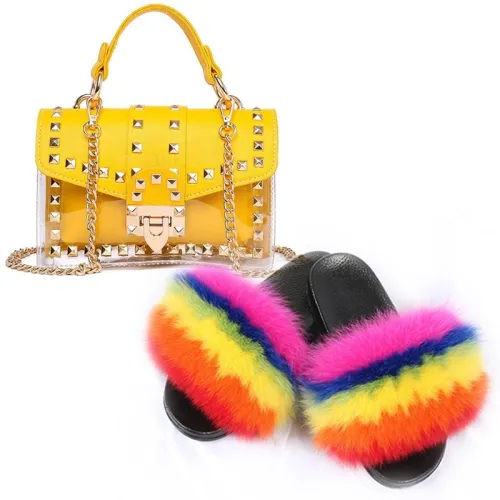 Women Fox Fur Slippers Chain Bags Fluffy Fur Slides Ladies Party Bags