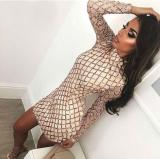 Women Sequins Round Neck Long Sleeve Slim Dresses