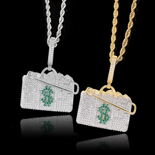 Hip Hop lced Out Paved Bling Dollar Bag Necklace Pendant QK-107485