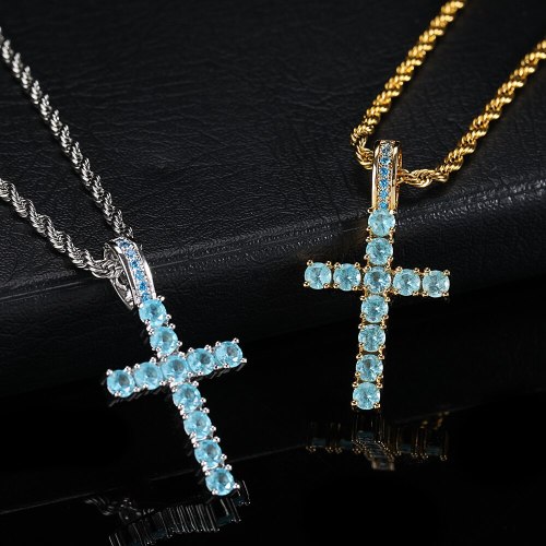 Hip Hop Cubic Zircon Paved Bling Ice Out Of The Sea Blue Cross Pendant Necklace QK-105263