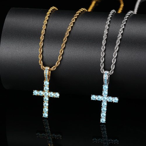 Hip Hop Cubic Zircon Paved Bling Ice Out Of The Sea Blue Cross Pendant Necklace QK-105263