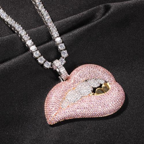 HipHop Full Iced Out Pink Toothy Lips Necklaces QK-108697
