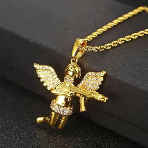 Hip Hop Stone Paved Bling Ice Out Fighting Gun Angel Pendants Necklace QK-104152