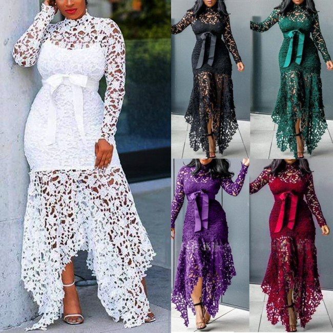 Women's Lace Hollow Long-Sleeve Stand-Up Lace Irregular Dresses  SC825364