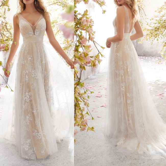 Women V Neck Sleeveless Beach Wedding Dresses  Sc92738