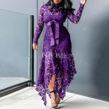 Women's Lace Hollow Long-Sleeve Stand-Up Lace Irregular Dresses  SC825364