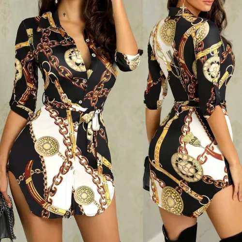 Autumn Mini Shirt Dress Women New Print Ladies Sexy V Neck Dresses 61324
