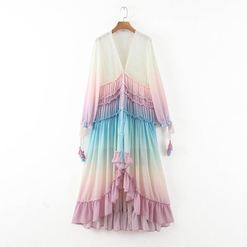 Deep V Gradient Long Sleeve Dress Young Lady Rainbow Boho Dresses SC262738