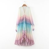 Deep V Gradient Long Sleeve Dress Young Lady Rainbow Boho Dresses SC262738