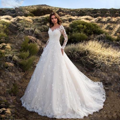 Lace Women's Long-Sleeved One-Shoulder White Bridal Dresses SC880112