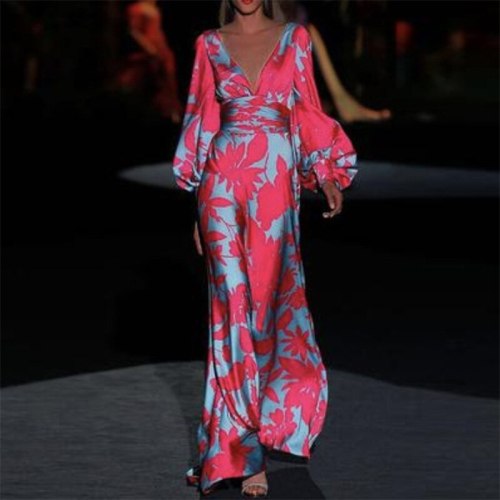 Women's Long Sleeve Floral Long Beach Floarl Print Maxi Dresses SC895869