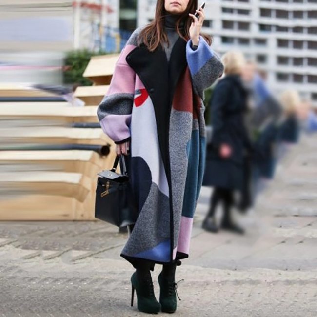 Women's Lapel Geometric Pattern Print Long Ankle Woolen Coat Coats SC-2890101