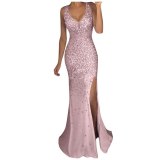Ladies V-Neck Split Glitter Long Dress Dresses SC102839