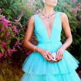 Party Night Sexy Women Deep V-Neck Mesh Cake Sleeveless Club Dresses SC117889