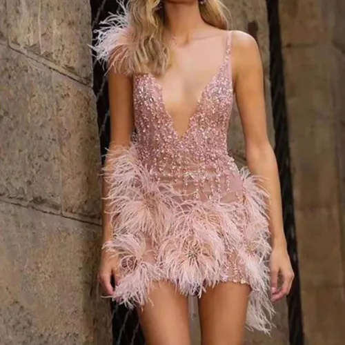 Women Mini Dress Mesh Patchwork Feather V Nevk Dresses SC200819