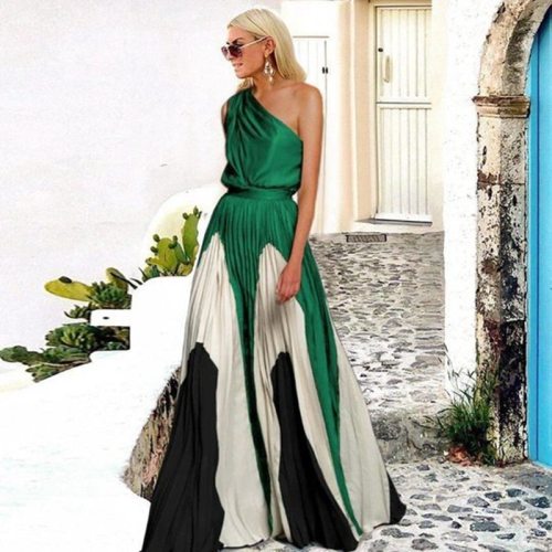 One Shoulder Women Sleeveless Printed Long Maxi Dresses SC207586
