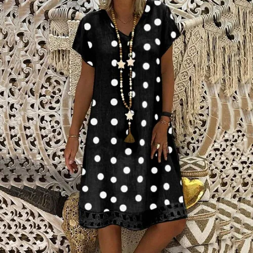 Women Short Sleeve Polka Dots V Neck Length Dress Dresses SC-887182